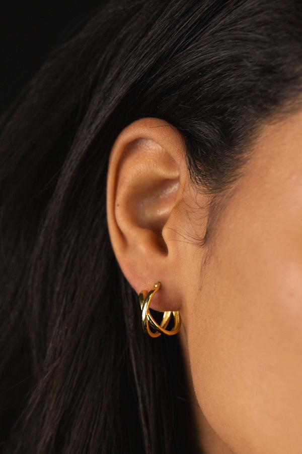 Crossed Plain Hoop Earrings Gold