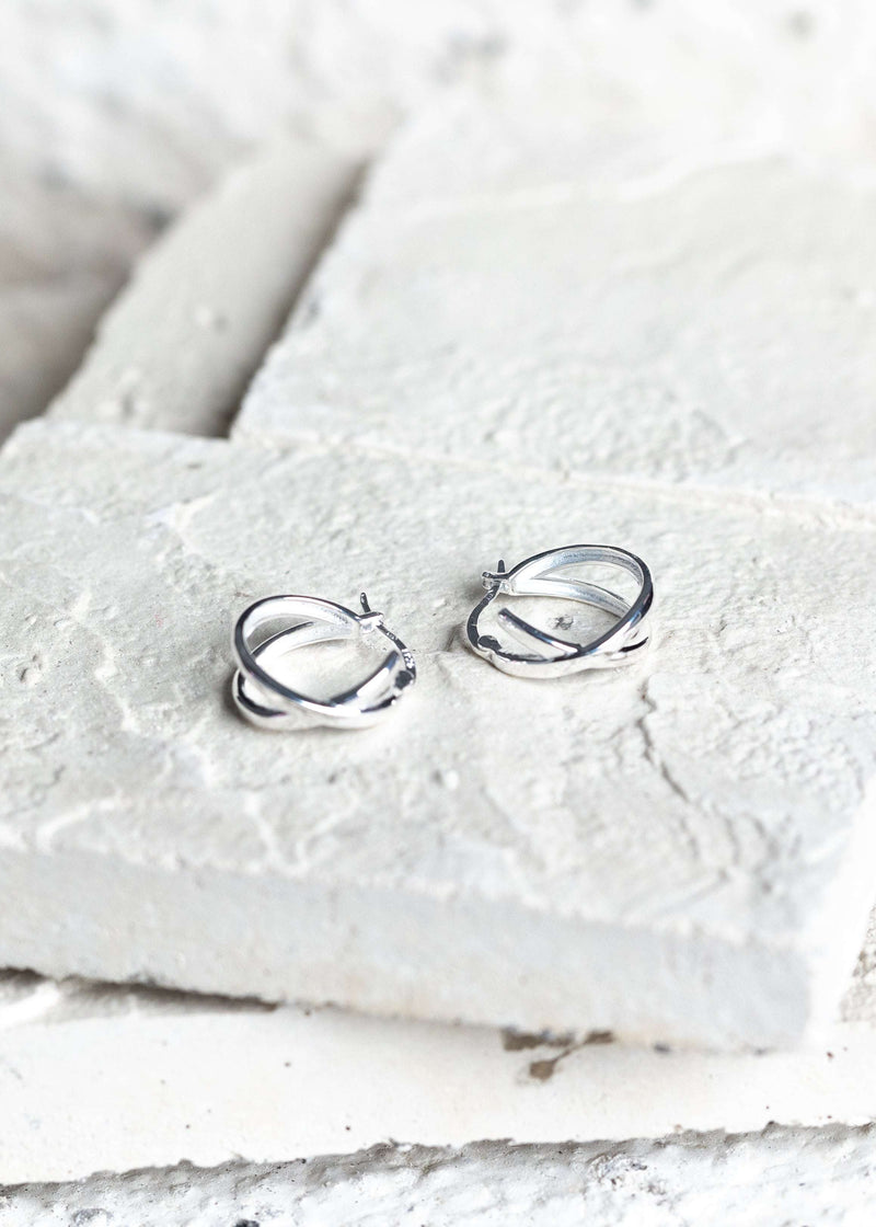 Crossed Plain Hoop Earrings Silver