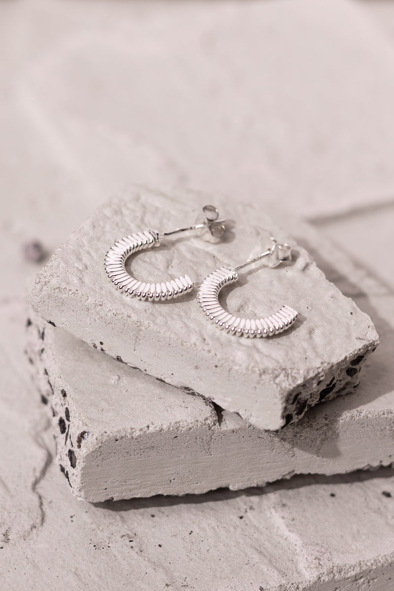 Ribbed Hoop Stud Earrings Silver