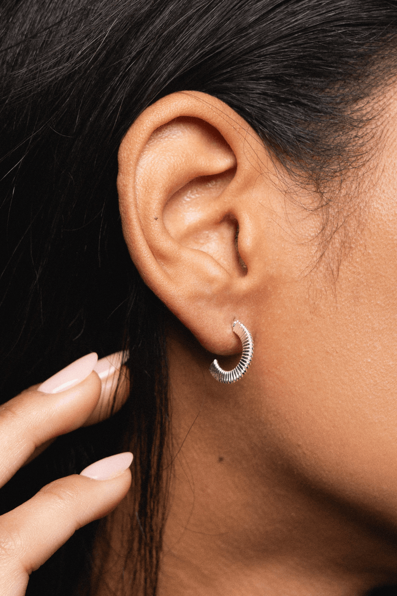 Ribbed Hoop Stud Earrings Silver